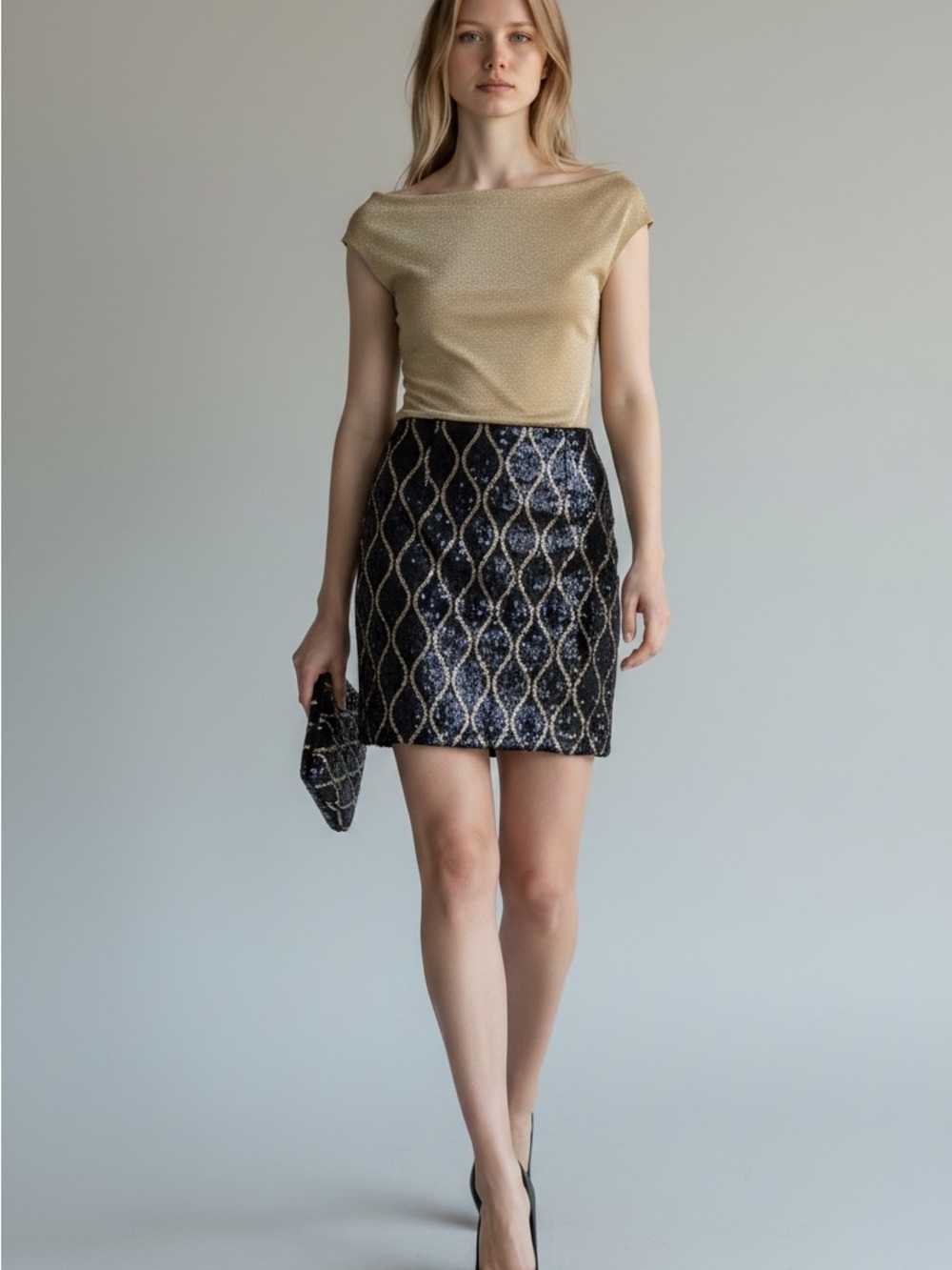 Michael Stars Gold Metallic Boatneck Top with Black Sequin Skirt